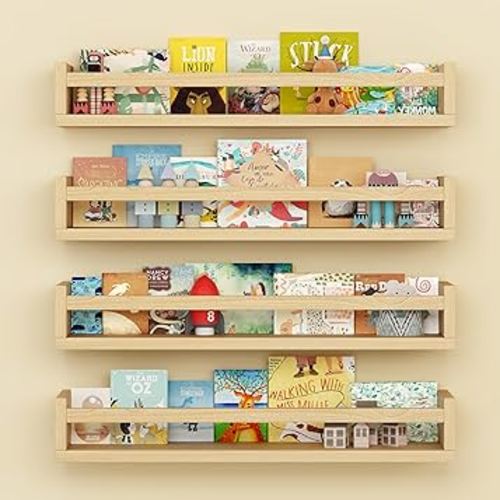Set of 4 Wall-Mounted Kid's Bookshelf - Wood Floating Nursery Book Shelves - Durable Wood Construction - Ideal for Nursery Decor, Kids Room, Toy Storage
