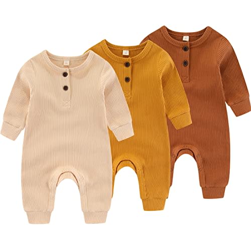 IADOER Newborn Baby Boys Girls One Piece Romper With Mitten Cuffs 3 Pack Long Sleeve Ribbed Button Jumpsuit Outfit Clothes