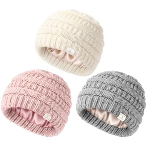 YANIBEST 3 Packs Toddler Winter Hat Satin Lined Baby Beanie Infant Skull Cap Knit Warm Soft Winter Hat Girls Boys