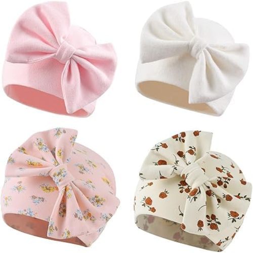 Bamery Newborn Baby Girl Hat Cotton Baby Bow Beanie Preemie Hats Spring Infant Hats for Girls 0-12 Months