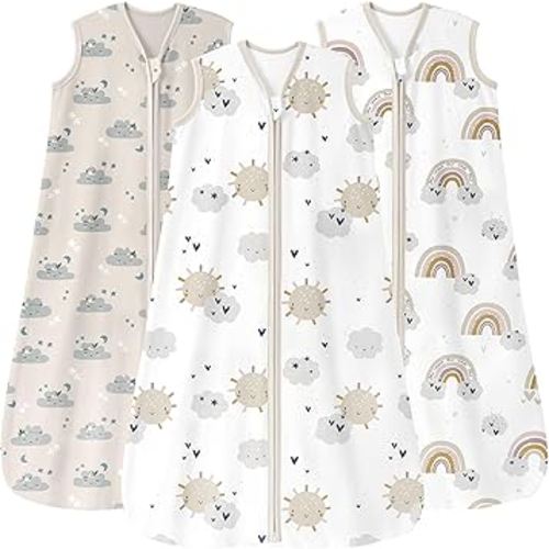 Baby Sleep Sack 6-12 Months 3 Pack 100% Cotton Lightweight 0.5 TOG Wearable Blanket Baby Sleep Bag with 2-Way Zipper for Newborn Infant Apricot White Sun Clouds