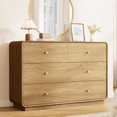 6 Drawer Dresser for Bedroom, 47.2” Wide Modern Chest of Drawers with Curved Profile Design, Wooden Dresser TV Stand with Gold Metal Handles, Large 6 Drawer Dresser for Bedroom, Living Room