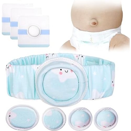 Umbilical Hernia Belt Kit for Baby, Baby Belly Button Band, Hernia Belt with 4 Compression Pads and 3 Navel Patches, Infant Abdominal Binder Set, Umbilical Cord Cover for Newborn(S Pattern Blue)