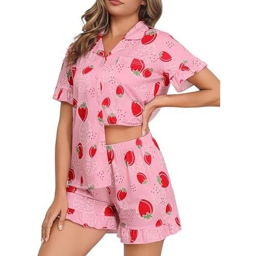 SWOMOG Woman Pajama Set Short Sleeve Pjs Set 2Pcs Short Pajamas Button Down Ruffle Hem Sleepwear Soft Modal Loungewear
