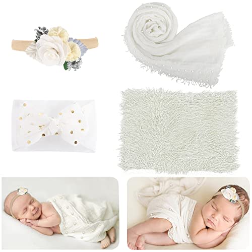 AOKE 4 PCS Newborn Photography Props Kit, Newborn Photo Props Long Ripple Wraps DIY Blanket with Headbands, White Toddler Baby Photography Wraps Mat for Baby Boys and Girls