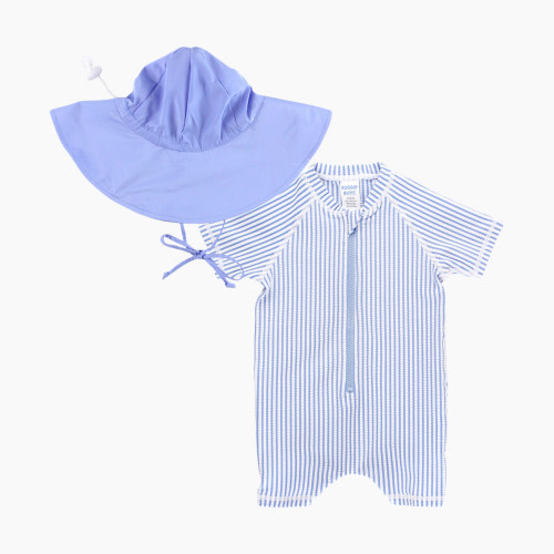 Rufflebutts One Piece Bodysuit Rash Guard & Hat Set - Periwinkle Seersucker, 0-3M
