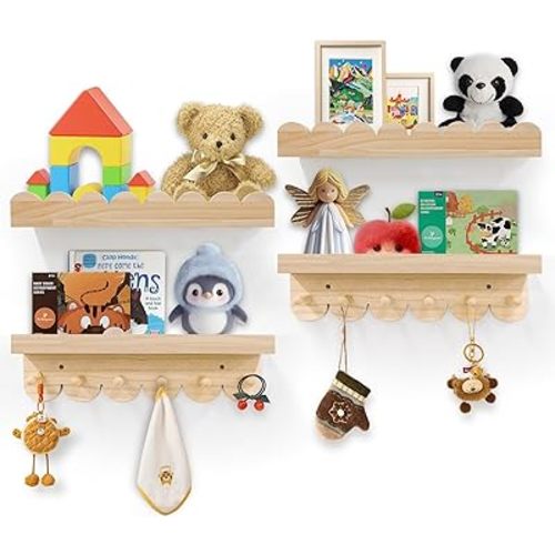 Floating Nursery Book Shelves for Wall, 16'' Wood Book Shelf for Baby Boys Girls Bedroom Bathroom and Décor Storage, Wall Shelf for Books, Plants, Toys, Photo Frames (Wooden, 4 Pack)