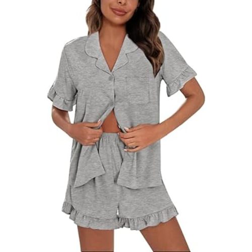 SWOMOG Woman Pajama Set Short Sleeve Pjs Set 2Pcs Short Pajamas Button Down Ruffle Hem Sleepwear Soft Modal Loungewear