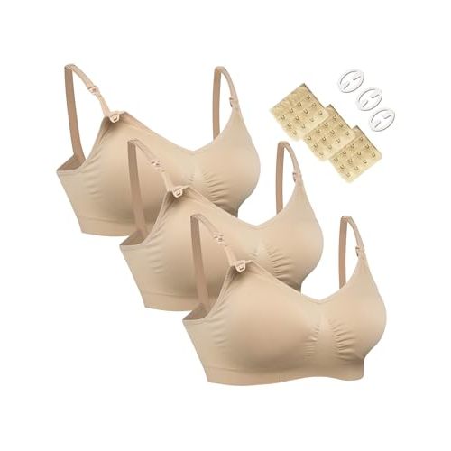 HOFISH 3PACK Full Bust Seamless Nursing Maternity Bras Bralette S-XXL with Extra Bra Extenders & Clips