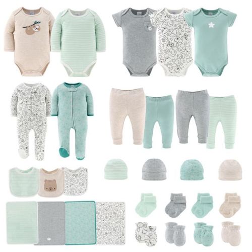 The Peanutshell Restful Basics Newborn Layette Set for Baby Boys and Girls, 30-Pieces, Green/Grey, 0-3 Months