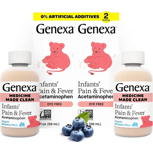 Genexa Infants’ Clean Pain & Fever Acetaminophen, Dye Free, 0% Artificial Additives, Delicious Organic Blueberry Flavor, Liquid Oral Suspension Medicine for Baby, 160 mg per 5mL, 4 fl oz (2 Pack)