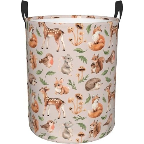 38L Round Laundry Hamper Forest Little Animals Storage Basket Waterproof Coating Deer Squirrel Fox Hedgehog Bird Organizer Bin For Nursery Clothes Toys