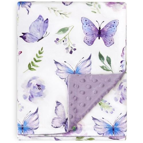 BORITAR Baby Blanket for Girls Soft Plush Minky Fabric, Double Layer Dotted Backing with Elegant Purple Butterfly Pattern Blanket Gift for Toddler Newborn Infant 30 x 40 Inch(75x100cm)