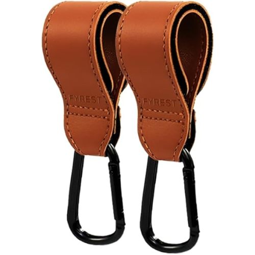 FYREST Premium PU Leather Baby Multipurpose Outdoors Origanizer Stroller Hook, Hooks for Diaper Bags, Easy Clip, Carabineer (Black - 2 Pieces) May 2024 Shop Grand Opening Deal!, Brown
