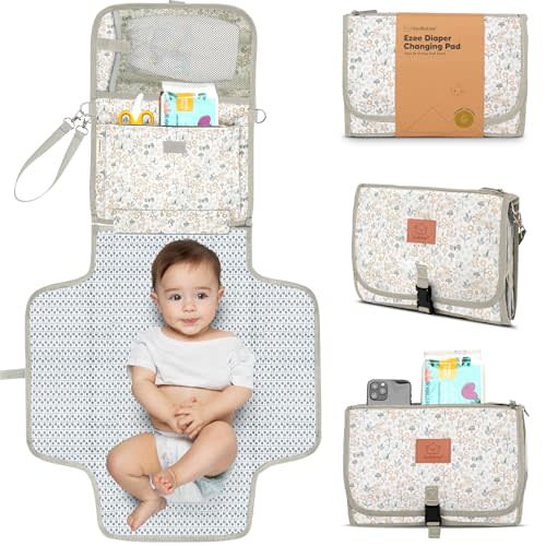 KeaBabies Portable Diaper Changing Pad - Large Waterproof Baby Changing Mat, Compact Travel Diaper Clutch, Functional Pockets Fit Newborn Essentials, Wipeable & Padded Baby Changer (Prairie)