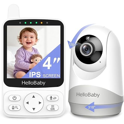 HelloBaby Baby Monitor with Camera and Audio,No WiFi,4" IPS Screen with All-Day 2800mAh Battery,Auto Night Vision,VOX Mode,Remote Pan-Tilt-Zoom,2-Way Talk,1000ft Range,Temperature Sensor