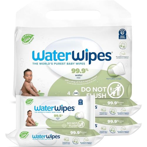 WaterWipes Plastic-Free Textured Clean, Toddler & Baby Wipes, 99.9% Water Based Wipes, Unscented & Hypoallergenic for Sensitive Skin, 240 Count (4 packs), Packaging May Vary - 60 Count (Pack of 4)