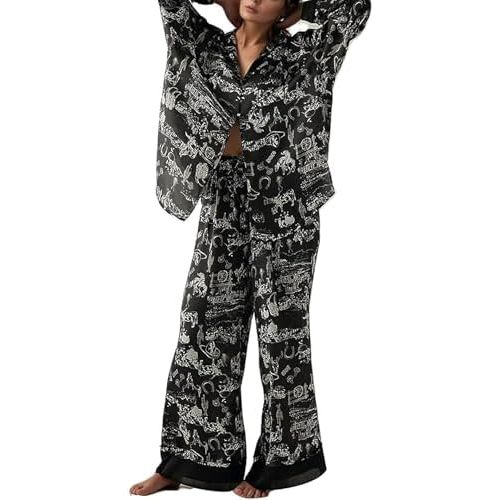 Women Satin Pajamas Set 2 Piece Western Cowgirl Silk Pjs Long Sleeve Floral Pjs Wide Leg Pants Button Down Loungewear