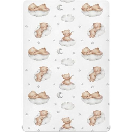 Vvfelixl Crib Sheets for Boys & Girls, Teddy Bears Clouds Pattern, Neutral, Mini Crib Mattress Sheets, Fitted, 52 * 28 * 9In, White