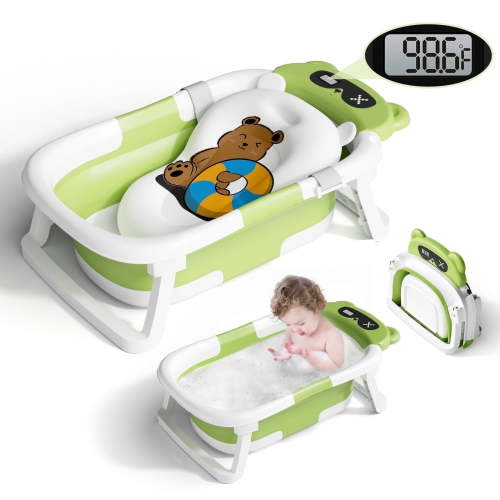 COOSEYA Baby Bathtub ,Collapsible Baby Bathtub , Bath Tub with Cushion and Thermometer ,Newborn to Toddler Portable Travel Multifunctional Bathing 0-2 Years (Bear/Green)