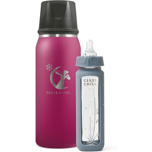 Ceres Chill Breastmilk Chiller/Warmer Bundle, 27oz of Storage, 20 Hour Chill, Comes with Glass Baby Bottle for The Ultimate Bottle Warming Duo (Don't Call Me 'Hon' Plum Chiller & Gray Bottle)