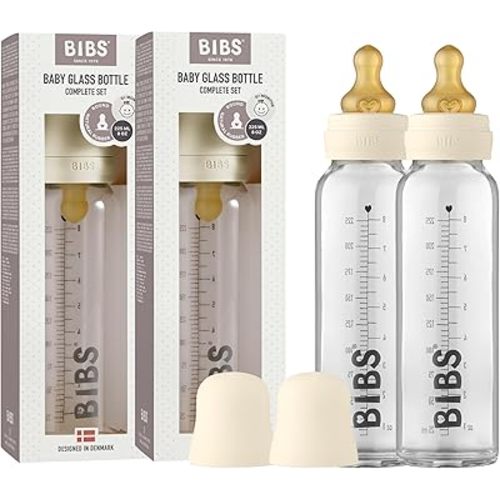 Bibs Baby Glass Bottle | Newborn Anti-Colic Baby Bottles | Borosilicate Glass with a Natural Vented Round Natural Rubber Latex Nipple | Consistent Flow Rate | 7.6 oz/225 ml | 2 Pack | Ivory