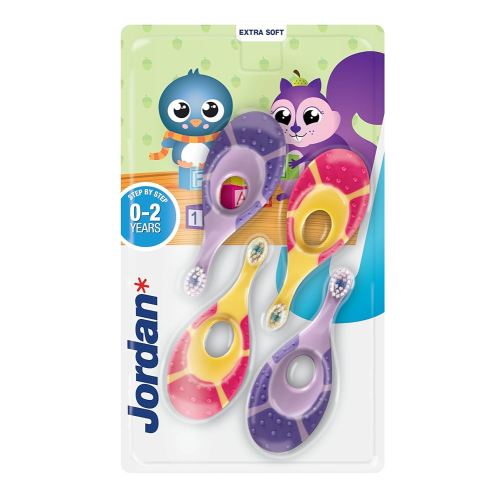Jordan* ® | Step 1 Baby Toothbrush | 0-2 Years, Soft Bristles, BPA Free | Pink & Purple | 4 Pack