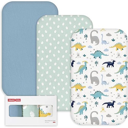 Gllquen Baby 3-Pack Muslin Cotton Bassinet Sheets, 33"x20" Fitted Crib Sheets for Bedside Sleeper & Travel Crib, Oeko-TEX Certified Soft Breathable Sheets, Easy On/Off (Dinosaur)