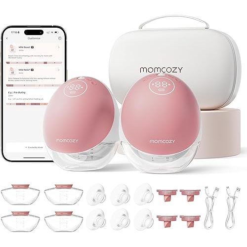 Momcozy Breast Pump Hands Free Upgraded Mobile Flow | M9, App Discreet Control with Personalized Multi-Modes & 15 Levels, Wearable Breast Pump 24mm, 2 Pack Cozy Red