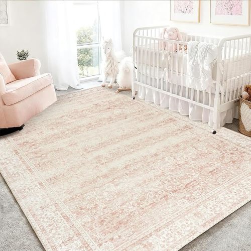 Pink Nursery Rug for Baby Girl 5 x 7 Neutral Blush Pink Boho Cute Floral Foldable Machine Washable Low Pile Soft Surface Carpet Area Rugs for Living Room Bedroom Dorm Kids Playroom,5x7