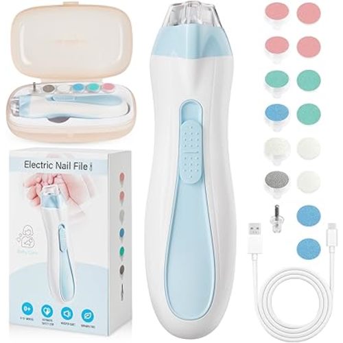 Baby Nail Trimmer Electric, 15 in 1 Baby Nail Clippers for Gentle Nail Care, Rechargeable Baby Nail File Electric with Light &15 Grinding Pads for Infant Toddler, Blue