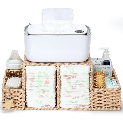 Diaper Caddy Organizer, Hand Rattan Nursery Storage Basket for Baby Essentials, Baby Changing Table Organizer Perfect Nursery Assistant