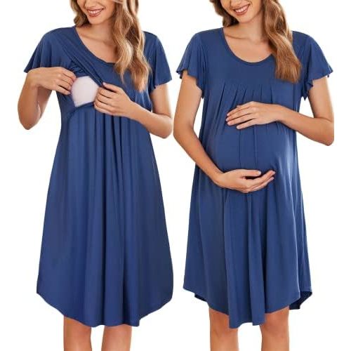 Ekouaer Nursing Nightown Labor and Delivery Gown for Hospital Pleated Breastfeeding Dress Short Sleeve Maternity Sleepwear