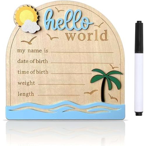 Baby Announcement Sign, ​5.9 Inch Wooden Hello World Newborn Signs, Birth Announcement Sign, Tropical Ocean Waves Decoration, Welcome Newborn Arrival to World, Hospital Nursery for Baby (Blue)