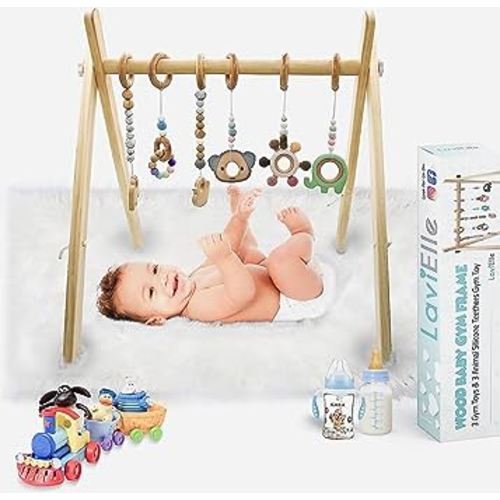 LAVIELLE Wooden Baby Gym with 6 Premium Teethers | Foldable Play Gym for Motor Skills Development | Baby Activity Gym Center for Nursery, Montessori