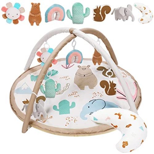 Washable Baby Gym Activity Center with Animal Play Mat, Visual, Hearing, Touch, Cognitive Early Development Playmats, 6 Toys for Infant & Toddler, Larger, Non Slip