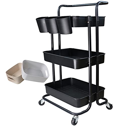Freletry 3 Tier Utility Rolling Cart Storage Organizer Shelf Rack with 3PCS Hanging Cups 8PCS Hook 2PCS Storage Box for Home Office Kitchen Bathroom (Black 3 Cup+8 Hook+2 Storage Box)