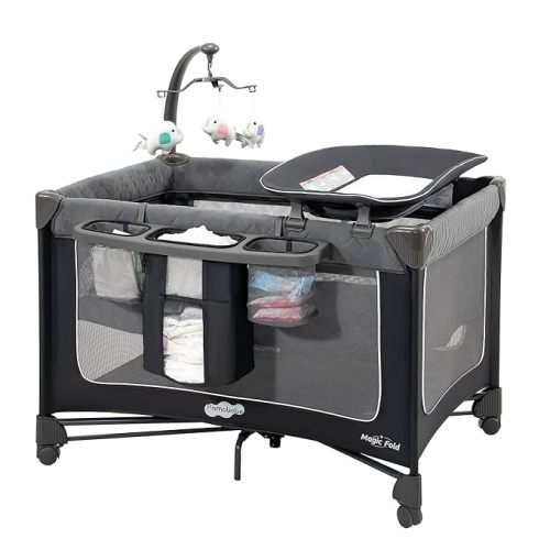 Pamo Babe 1 Step Setup Pack and Play for Babies - Portable Crib with Zip Door & Changing Table