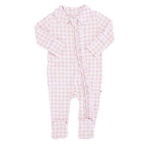 Peter Pan Collar Ruffle Zipper Footie - Rosy Gingham (6-9 Months)