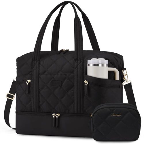 LOVEVOOK Travel Duffle Bag, Lightweight Weekender Bags for Women with Shoe Compartment, Puffer Gym Bag Personal Item Travel Bag, Quilted Overnight Bags and Hospital Bag for Labor and Delivery, Black