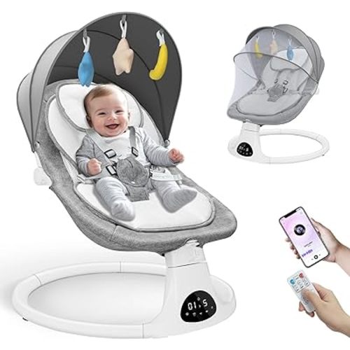 Baby Swing for Infants to Toddler - Electric Baby Swings Hold Up to 30 LB with 5 Point Safety Belt Remote Control - Portable Swings with Bluetooth & 3 Timing Set 3 Adjustable Gear 5 Speed Mode,Gray