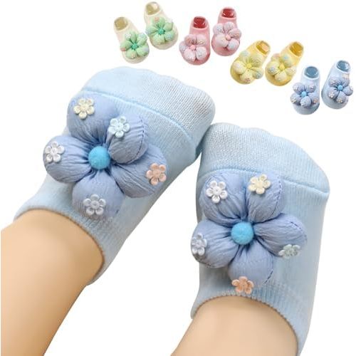 4Packs Baby Girls Socks,Flower Non-Slip Grips for Babies Toddler Princess Low Cut Ankle Socks for Girls