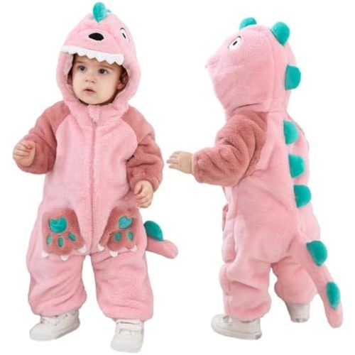 LOLANTA Unisex Baby Dinosaur Costume Fleece Hooded Animal Rompers One Piece Snowsuit