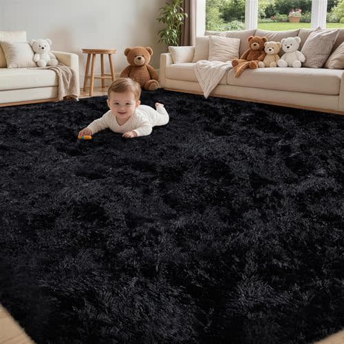 8x10 Area Rug for Living Room:Ultra Soft Fluffy Shag Black Rugs,Large Fuzzy Plush Indoor Non Slip Carpet Washable Rug for Bedroom Kids Nursery Office Dorm Modern Decor(Black)