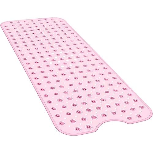 YINENN Bath Tub Shower Mat 40 x 16 Inch Non-Slip and Extra Large, Bathtub Mat with Suction Cups, Machine Washable Bathroom Mats with Drain Holes, Light Pink