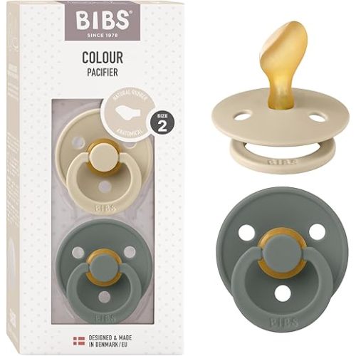 BIBS Pacifiers - Set of 2 | Colour Pacifier with Anatomical Nipple | BPA-Free Natural Rubber | Made in Denmark | Vanilla/Pine | Size 6 to 18 Months