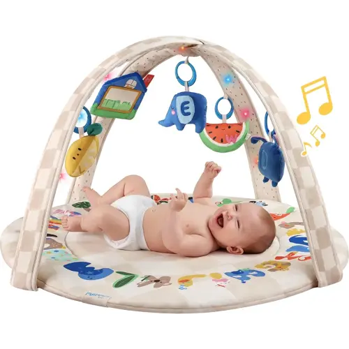 Baby Play Gym & Activity Mat with Light-up Musical Arch, Washable Tummy Time Mat with 6 Detachable Sensory Toys for Motor Skills, Baby Essentials Shower Gift - ABC123