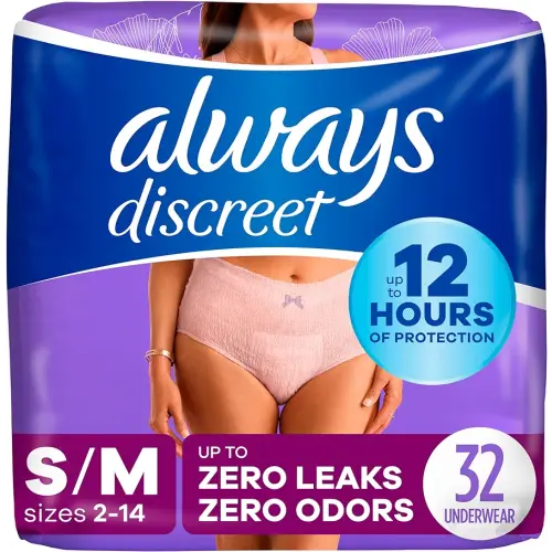 Always Discreet Incontinence & Postpartum Incontinence Underwear for Women, Small/Medium, Maximum Protection, 32 Count