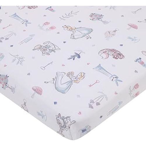 Disney Alice in Wonderland Light Blue, Pink, and White, Rabbit, and Cheshire Cat Super Soft Nursery Fitted Mini Crib Sheet