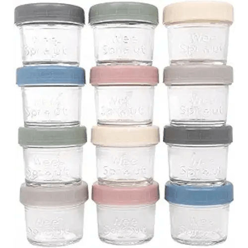 WeeSprout Glass Baby Food Storage Jars w/Lids (4 oz, 12 Pack Set) Snack, Puree, Reusable Small Containers, Breast Milk, Fridge or Freezer, Microwave & Dishwasher Safe, Essential Must Have for Infants